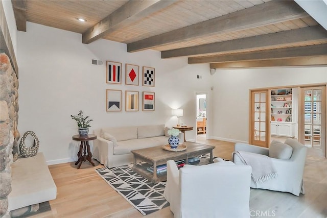 living room featuring baseboards, visible vents, wooden ceiling, light wood-type flooring, and beam ceiling