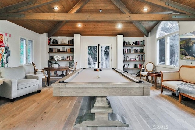 game room featuring lofted ceiling with beams, wooden ceiling, and wood finished floors