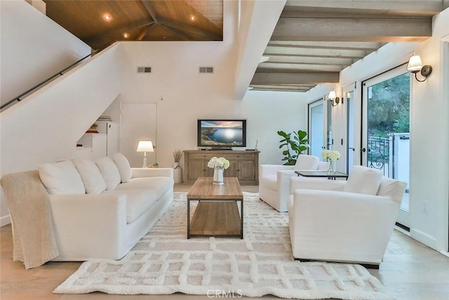 living area with wood ceiling, beam ceiling, visible vents, and wood finished floors