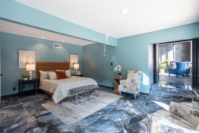 bedroom with marble finish floor, baseboards, access to exterior, and beamed ceiling