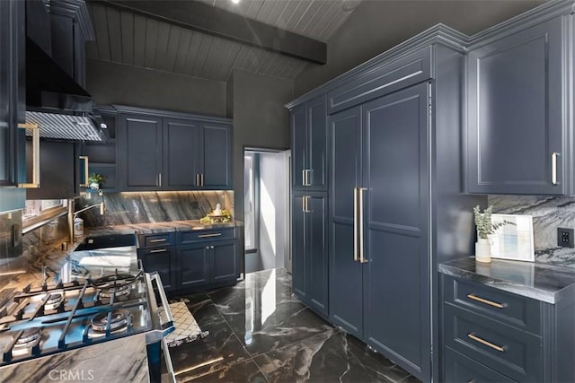 kitchen featuring lofted ceiling with beams, marble finish floor, tasteful backsplash, and range hood