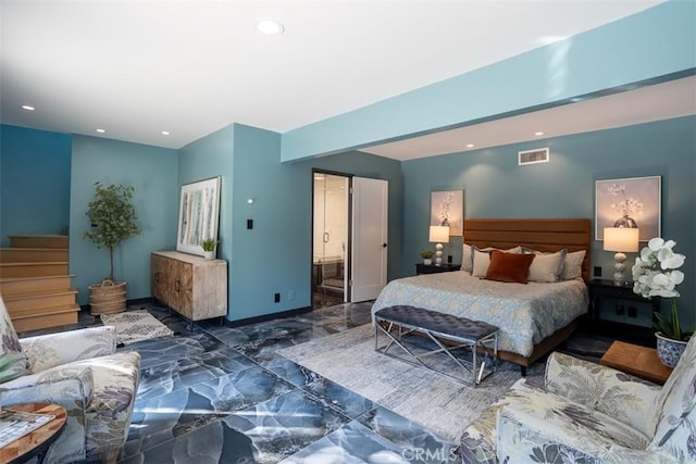 bedroom with baseboards, visible vents, connected bathroom, marble finish floor, and recessed lighting