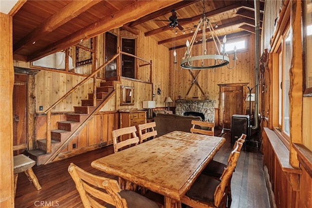 dining space featuring dark wood-style floors, wood ceiling, and wooden walls