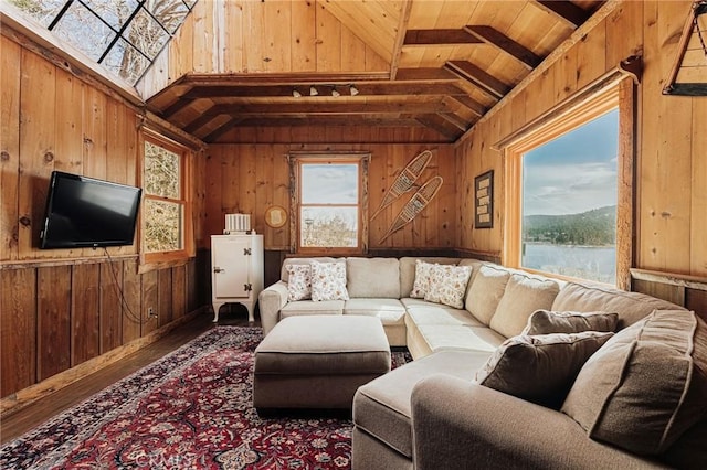 living room with lofted ceiling, a water view, wood walls, and wood finished floors