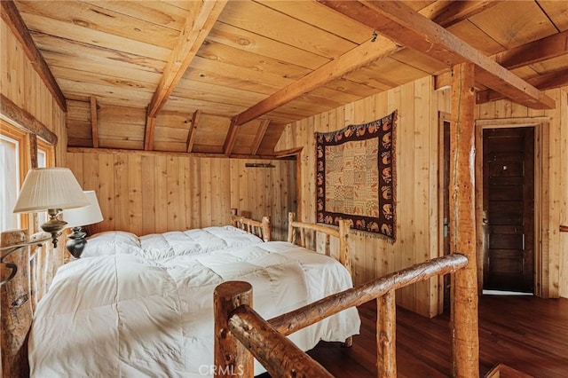 bedroom featuring wood ceiling, wooden walls, and wood finished floors