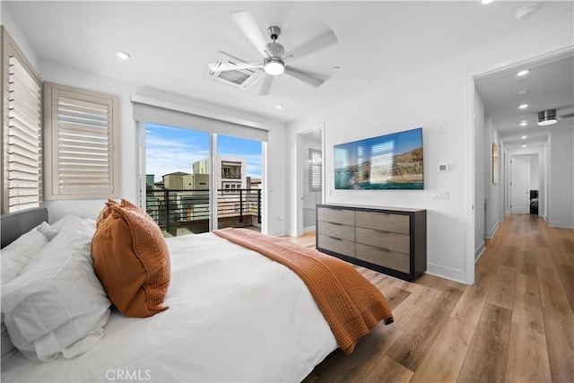 bedroom featuring visible vents, baseboards, light wood-style flooring, access to exterior, and recessed lighting