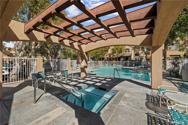 pool featuring a patio area, fence, a hot tub, and a pergola