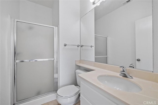 full bathroom featuring toilet, a shower stall, visible vents, and vanity