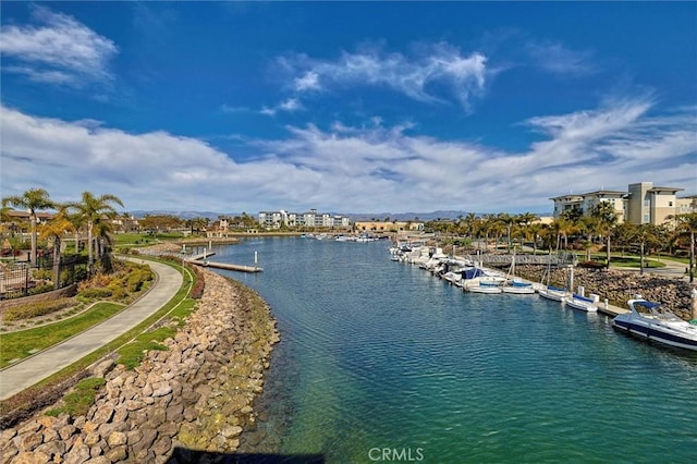 water view featuring a dock