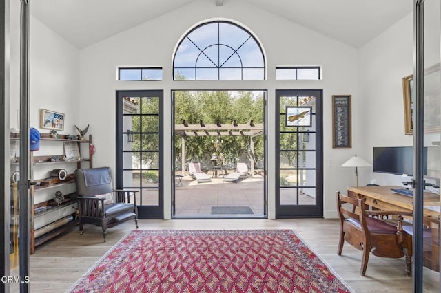 entrance foyer featuring high vaulted ceiling and wood finished floors