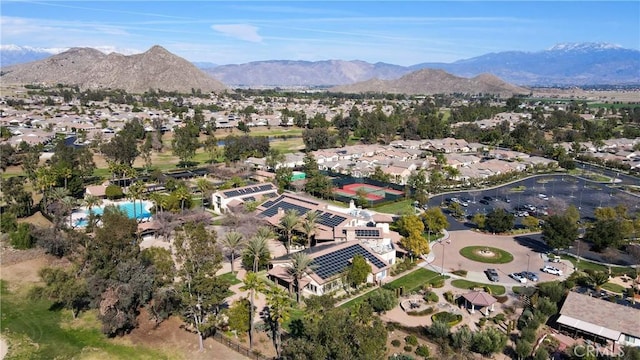 aerial view featuring a residential view and a mountain view