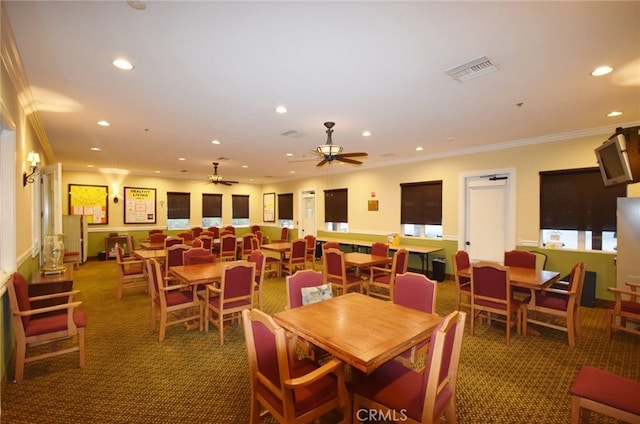 dining area featuring ornamental molding, carpet flooring, visible vents, and recessed lighting