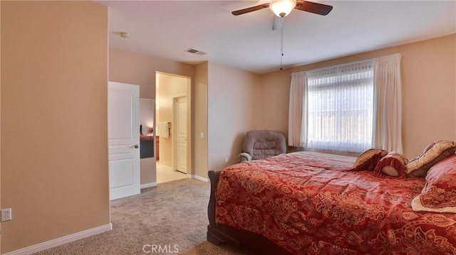 bedroom featuring visible vents, ceiling fan, light carpet, and baseboards