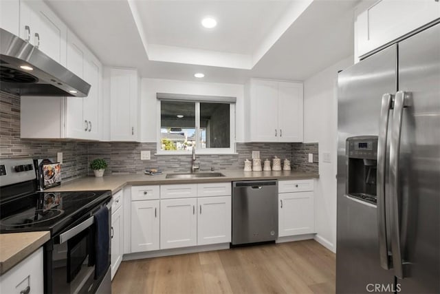 kitchen with a sink, exhaust hood, light wood-style floors, appliances with stainless steel finishes, and a raised ceiling