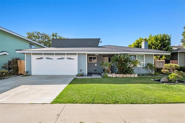 single story home with a garage, a chimney, a front lawn, and concrete driveway