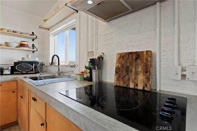 kitchen featuring ornamental molding, black electric stovetop, light countertops, open shelves, and exhaust hood