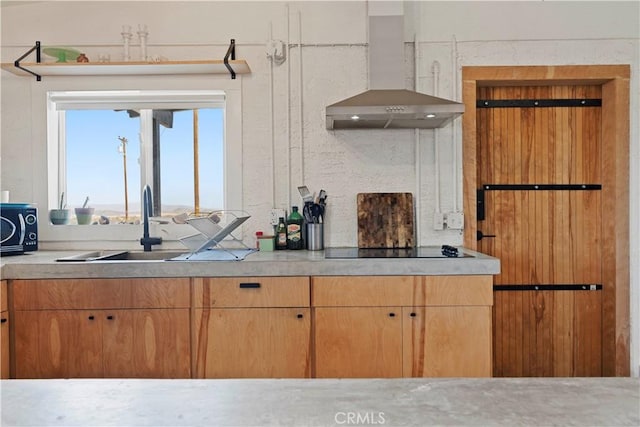 kitchen featuring a sink, black electric stovetop, ventilation hood, and light countertops