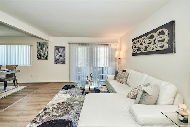 living area with wood finished floors and baseboards