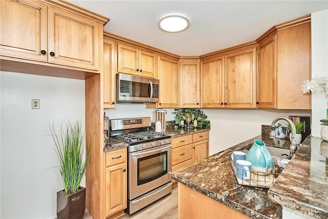 kitchen with stainless steel appliances, a sink, light wood-style flooring, and dark stone countertops