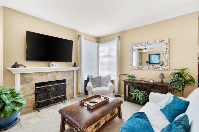 living room with a fireplace