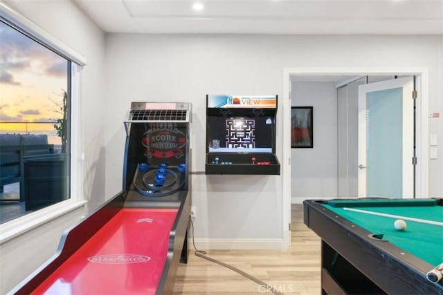 recreation room featuring pool table, recessed lighting, wood finished floors, and baseboards