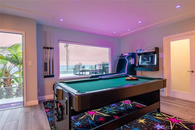 recreation room featuring billiards, wood finished floors, and recessed lighting