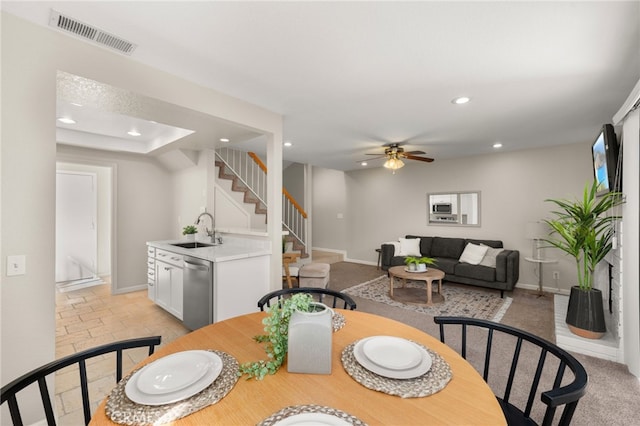 dining room featuring stairs, baseboards, visible vents, and recessed lighting