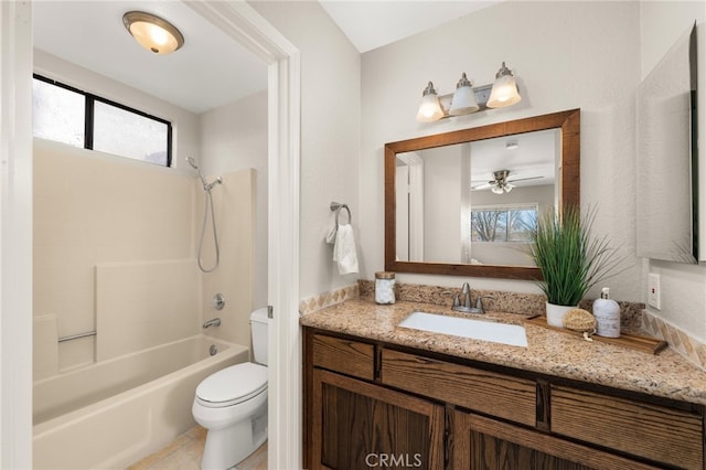 bathroom featuring shower / washtub combination, vanity, and toilet