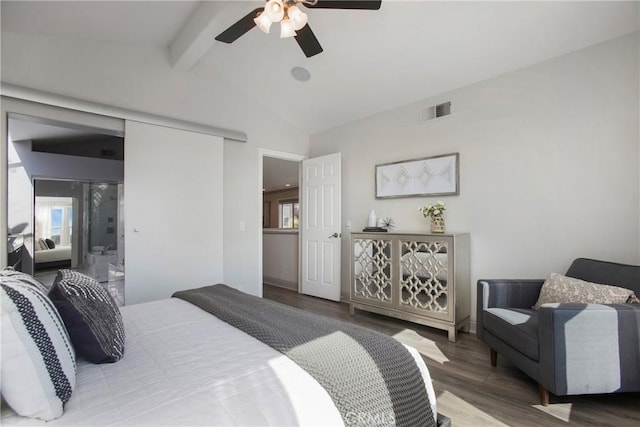 bedroom featuring ceiling fan, visible vents, wood finished floors, and vaulted ceiling with beams