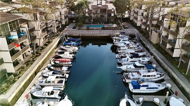 drone / aerial view featuring a water view