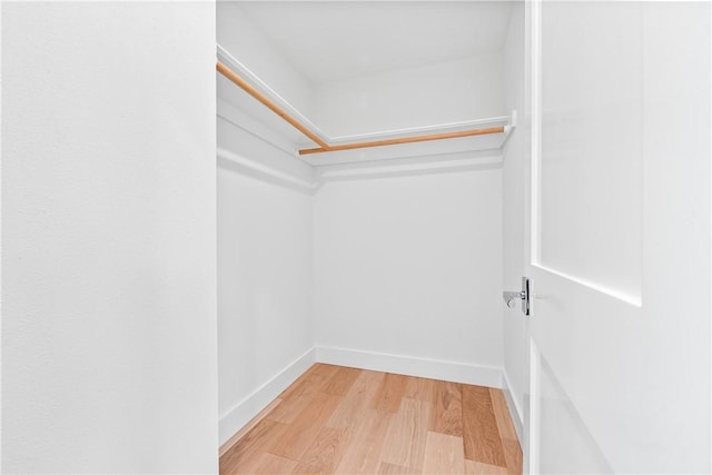 walk in closet with light wood finished floors