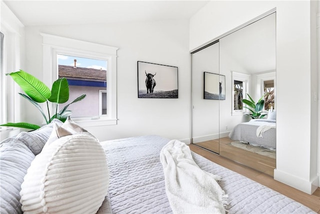 bedroom with lofted ceiling, a closet, multiple windows, and wood finished floors