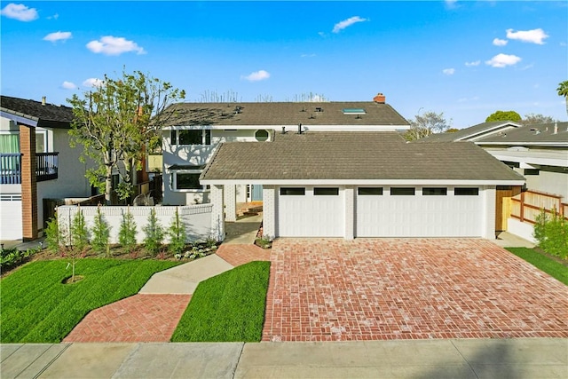 view of front of home featuring decorative driveway, a shingled roof, an attached garage, fence, and a front lawn