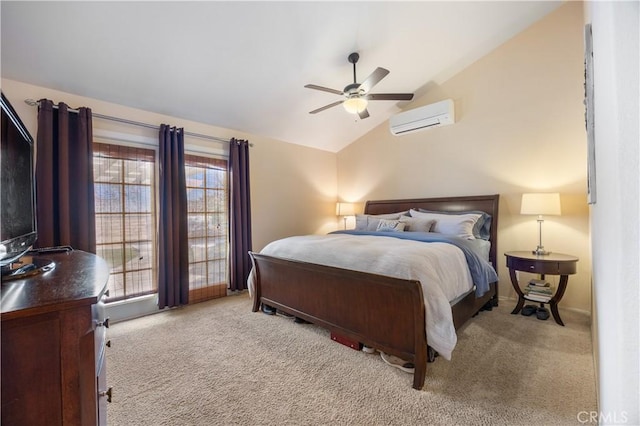 bedroom featuring ceiling fan, a wall unit AC, lofted ceiling, and carpet floors