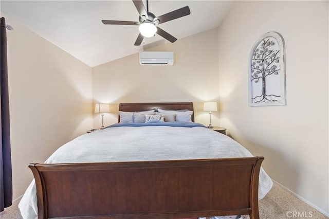 bedroom featuring a ceiling fan, carpet, baseboards, a wall mounted AC, and lofted ceiling