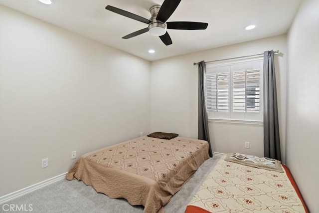 bedroom with carpet, ceiling fan, baseboards, and recessed lighting