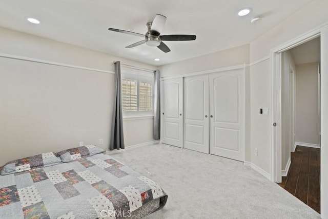 bedroom featuring a ceiling fan, recessed lighting, a closet, and baseboards