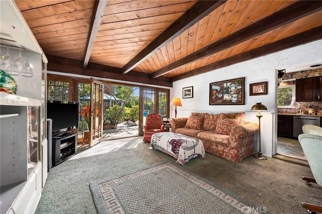 living area featuring wooden ceiling, carpet flooring, and vaulted ceiling with beams