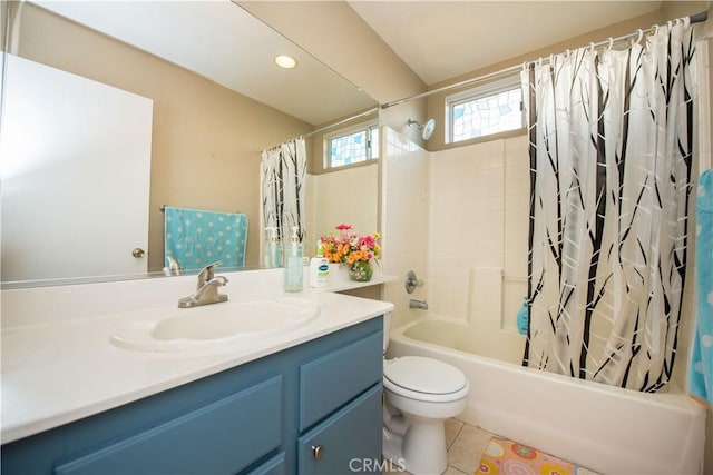 full bath with shower / bath combo, toilet, tile patterned floors, vanity, and recessed lighting