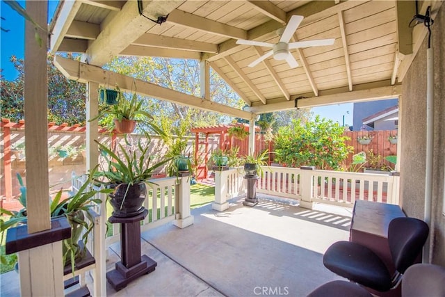 view of patio featuring ceiling fan, a fenced backyard, and a pergola