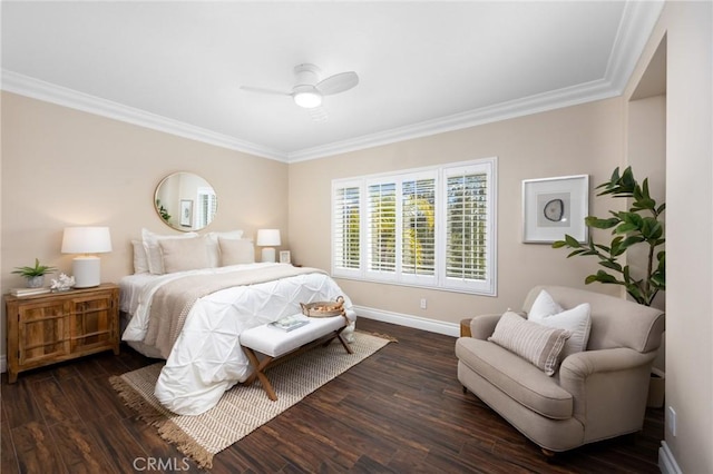 bedroom with ceiling fan, baseboards, ornamental molding, and dark wood-style flooring