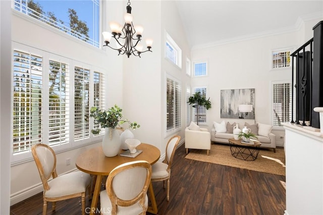 dining area with a healthy amount of sunlight, a chandelier, and dark wood-style flooring