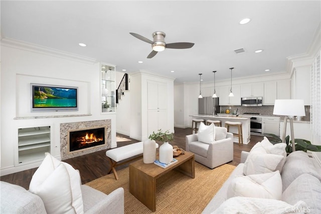 living room with dark wood finished floors, a premium fireplace, and ornamental molding