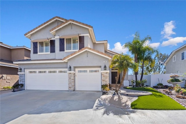 view of front of house featuring fence, driveway, stone siding, a garage, and a tiled roof