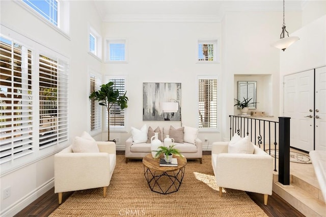 living area featuring crown molding, wood finished floors, and baseboards