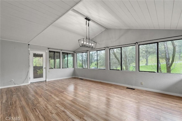 unfurnished sunroom with wood ceiling, visible vents, vaulted ceiling, and a notable chandelier