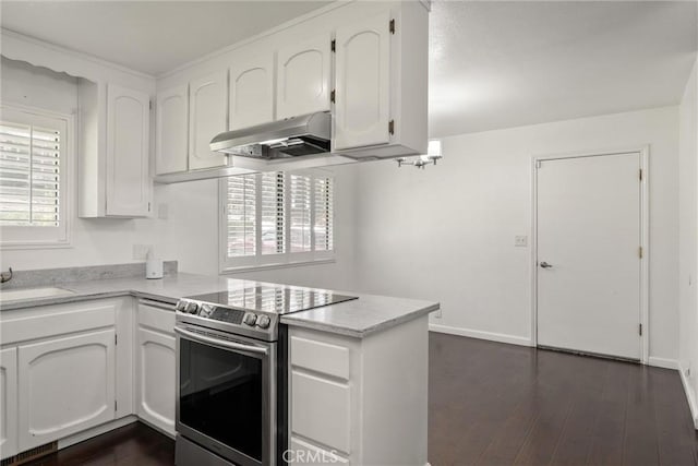 kitchen with stainless steel electric range oven, a peninsula, white cabinets, and under cabinet range hood