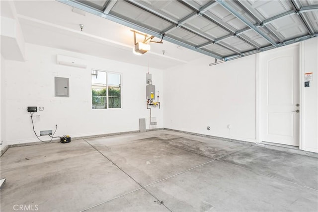 garage with electric panel and a garage door opener