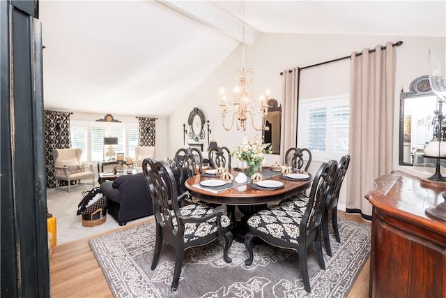 dining space featuring lofted ceiling with beams, an inviting chandelier, and light wood-style floors