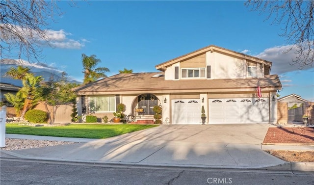 view of front of house featuring a garage, a front lawn, concrete driveway, and stucco siding